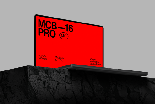 Laptop mockup with red screen on textured dark background, 6000x4000 resolution, ideal for showcasing designs and presentations.