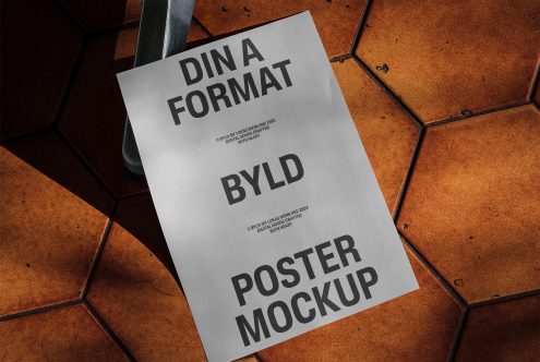 Realistic poster mockup on textured tile background, ideal for presenting designs and graphics in a striking way to clients and portfolios.