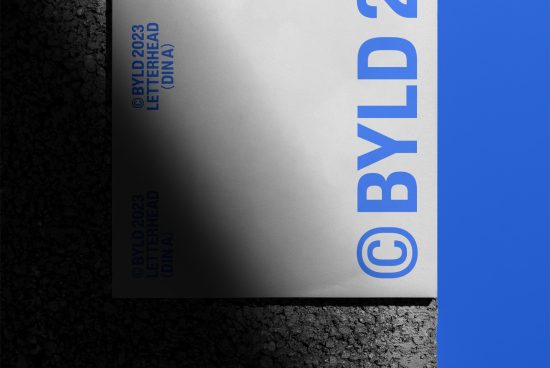 Creative corporate letterhead mockup with blue design elements, presented at an angle on a textured background for graphic designers.