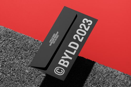 Modern business card mockup with bold typography on a textured surface, contrasting red and grey background, ideal for graphic design presentations.