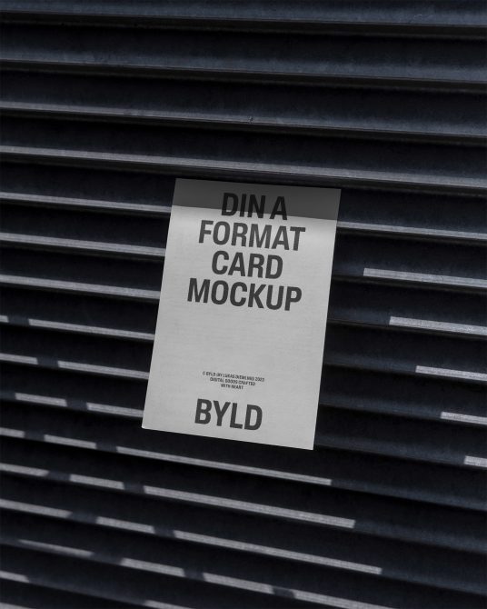 DIN A format card mockup on dark ribbed metal background, portrait orientation