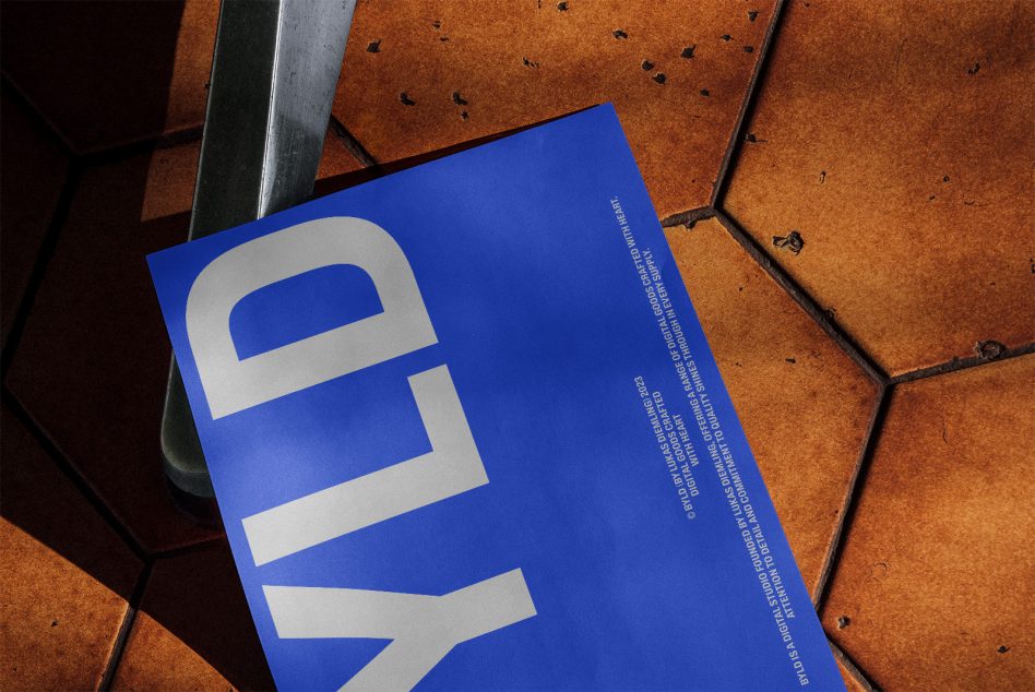 Blue poster mockup on textured terracotta tiles with urban gritty feel, ideal for presenting bold designs to clients in graphic design projects.