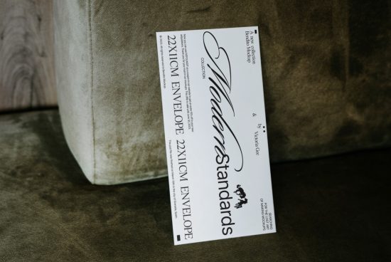 Elegant envelope mockup on olive sofa, showcasing stationery design for branding, print mockup, realistic textures, designer's asset.