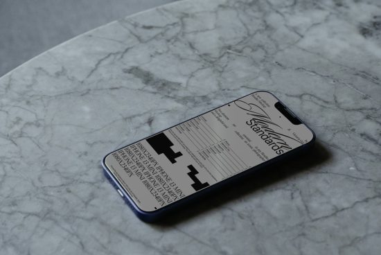 Smartphone mockup on marble surface showcasing screen design, ideal for presenting mobile interface templates or UI/UX designs.