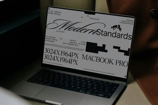 Laptop screen showcasing Modern Standards font on a Bendito Mockup, ideal for designers looking for high-resolution mockup graphics.