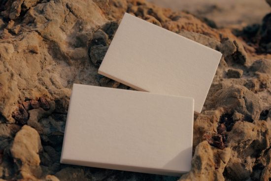 Two blank business cards mockup with natural earthy rock texture background, editable design assets for creative branding.