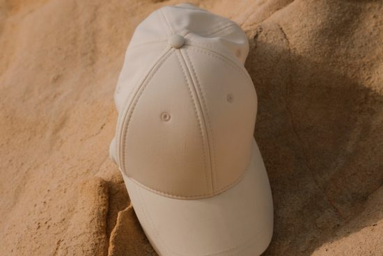 Beige baseball cap mockup on a sandy background, perfect for apparel design presentations, clean and minimalistic for graphic designers.