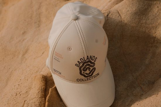 Beige baseball cap with logo mockup on sandy background, ideal for branding designs, apparel presentations, and outdoor accessories.