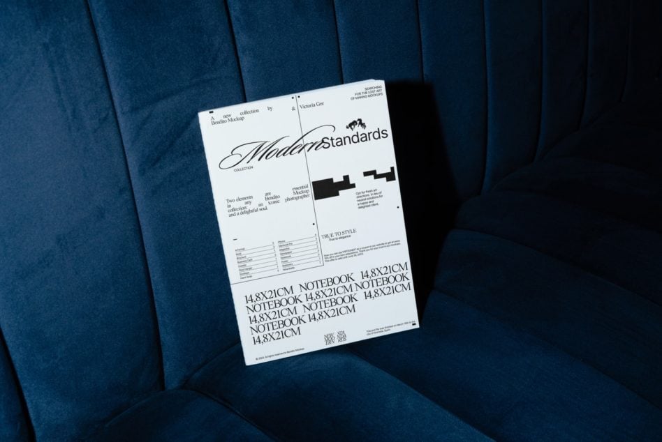 Modern Standards mockup on deep blue textured velvet chair cushion