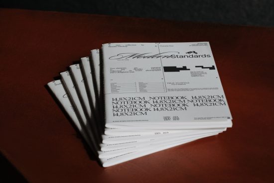 Stack of printed magazine mockups on a red table for graphic design layout presentation, highlighting text and branding space.