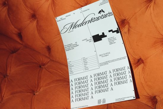 Modern standard font ad mockup on orange cushion, showcasing typography, print template design for designers and typographers.