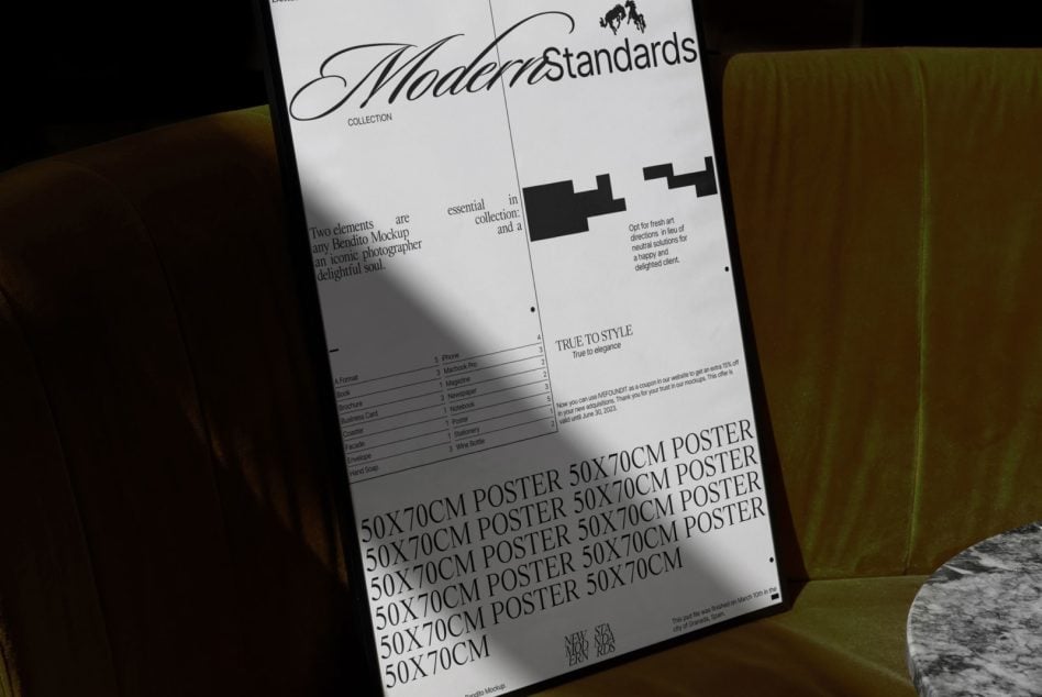 Open poster mockup showing Modern Standards collection layout on olive chair