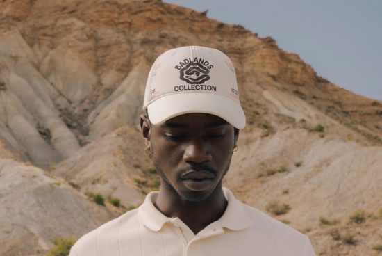 Man wearing cap with Badlands Collection text in natural rocky landscape, ideal for fashion mockup, desolate environment, subtle color palette.