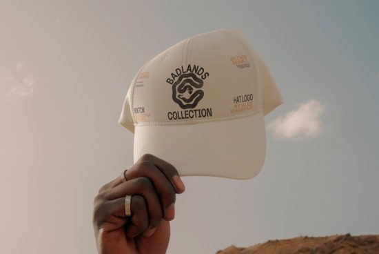 Hand holding white baseball cap with Badlands Collection logo against sky for mockup graphics, apparel design showcase, cap branding.