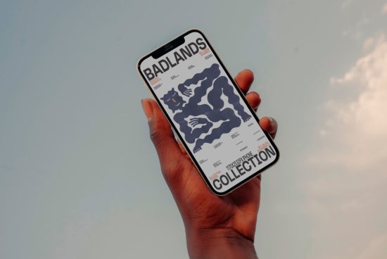 Hand holding smartphone displaying graphic design collection, showcasing mobile mockup against sky backdrop for creative digital assets.