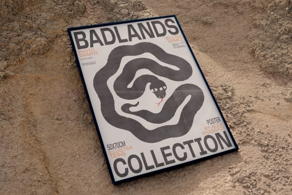 Badlands collection poster flat lay on concrete with dark border
