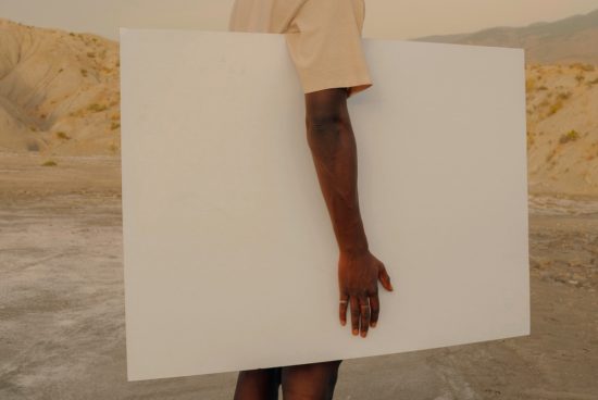 Person holding blank white poster mockup in desert setting, ideal for graphic design templates and advertising display.