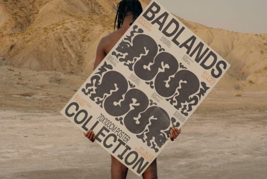Person holding a poster with bold typography design in desert setting, ideal for mockup and graphic design inspiration.