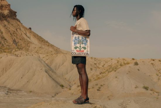 Man standing in desert scene holding a tote bag with unique graphic design suitable for mockups, apparel templates, and designer assets.