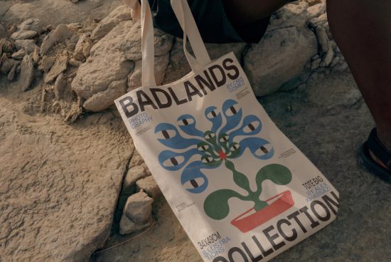 Person holding a tote bag with "BADLANDS" and abstract graphic design, showcasing unique print for designer marketplace in Templates category.