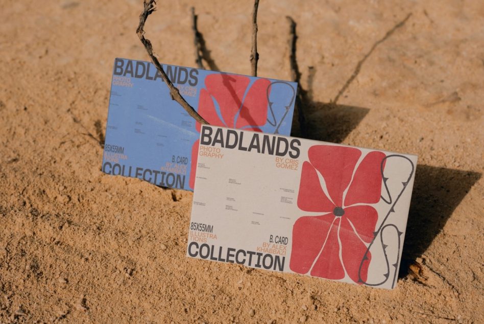 Two printed business cards tied with twine on dry sandy earth