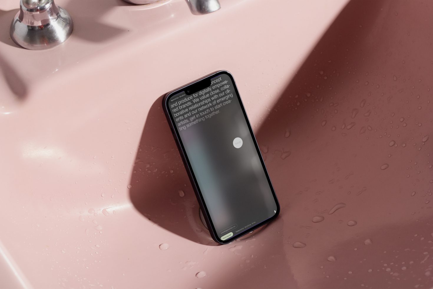 Smartphone mockup on a wet pink surface with realistic shadows, ideal for UI design presentations and tech product mockups.