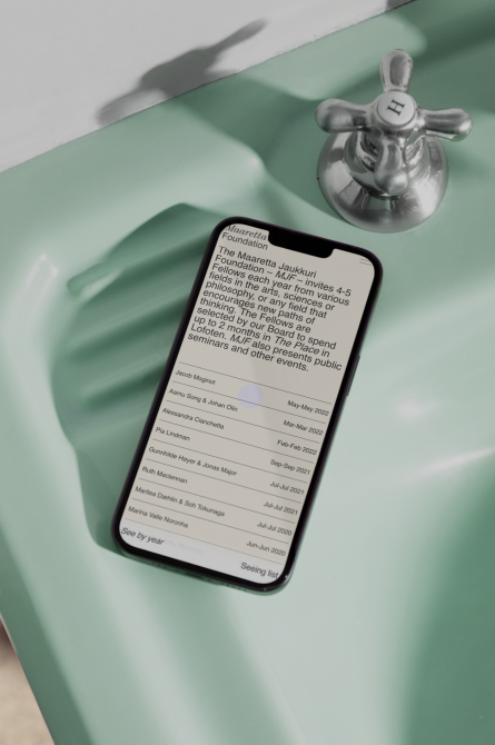 iPhone mockup on mint green sink displaying Maaretta Foundation fellows page