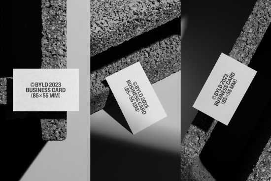 Business card mockup on textured background in monochrome, creative presentation for design showcase, print template, dimensions 85x55 mm.