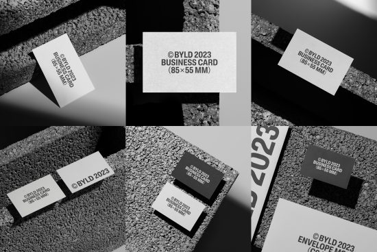 Black and white business card mockups with various shadows and textures, suitable for designer presentations and branding.