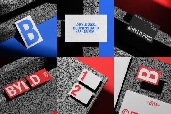 Business card mockup collection on textured background with bold red and blue accents, showcasing modern branding, ideal for designers.