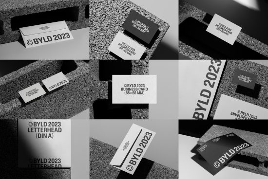 Black and white mockups of business cards and stationery with BYLD 2023 branding, displayed on textured backgrounds, for design presentation.