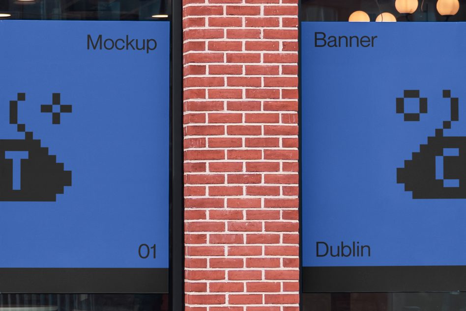 Pair of blue storefront window banners with retro pixel art designs