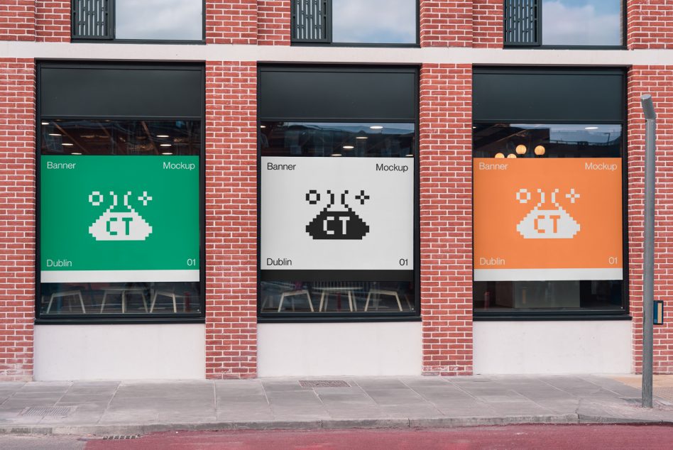 Three storefront window displays showing green, white, orange banner mockups
