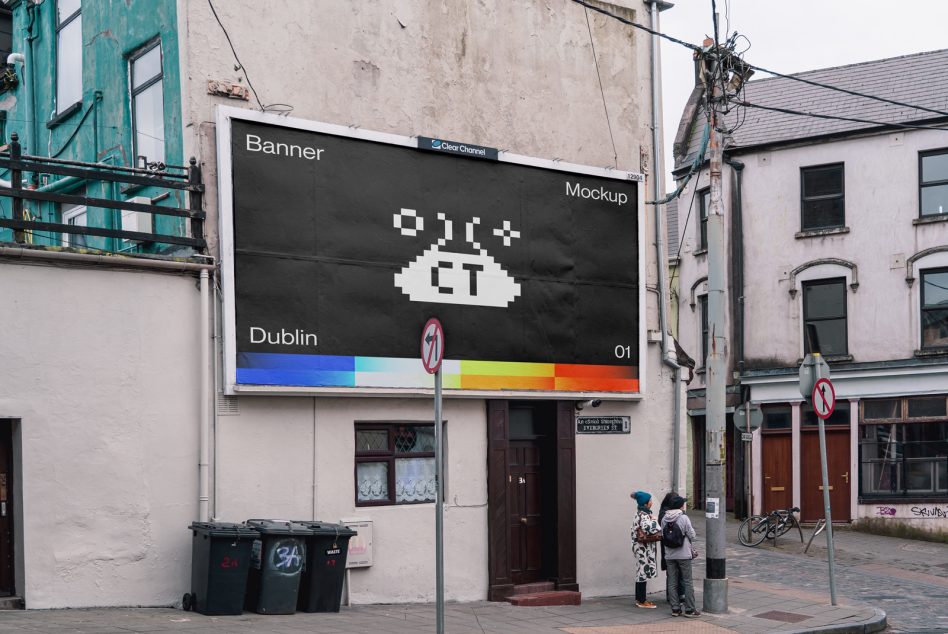Dark billboard mockup with white icon, rainbow color gradient bottom section
