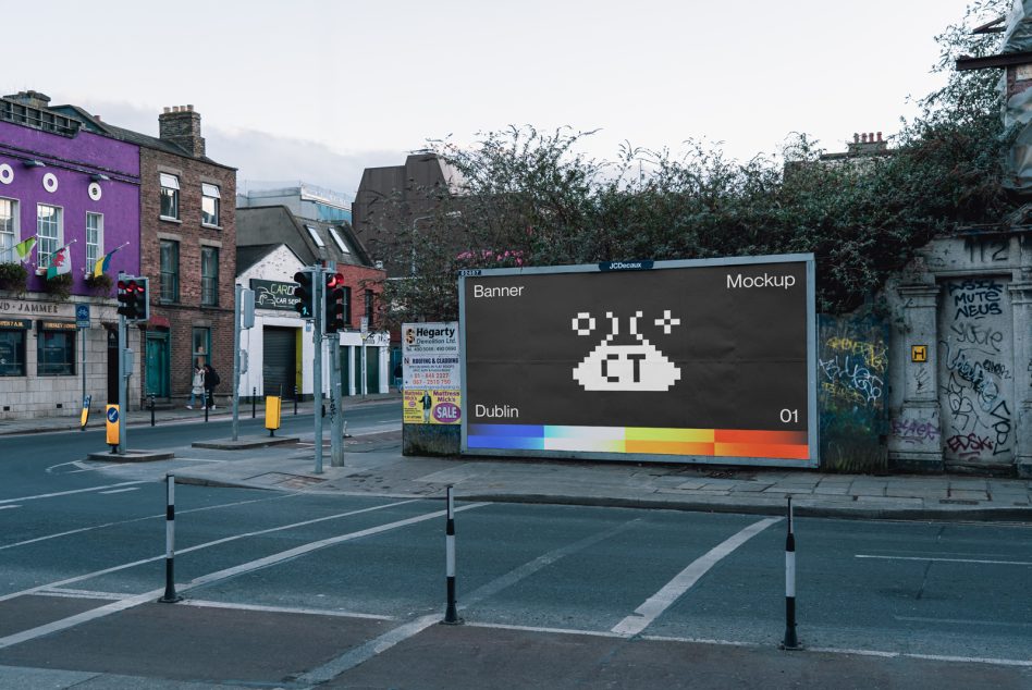 Urban billboard display with dark background, white pixel icon, rainbow color strip