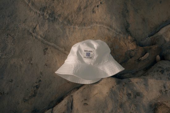 White bucket hat with logo mockup on a rocky surface, perfect for branding presentations and headwear design showcase.