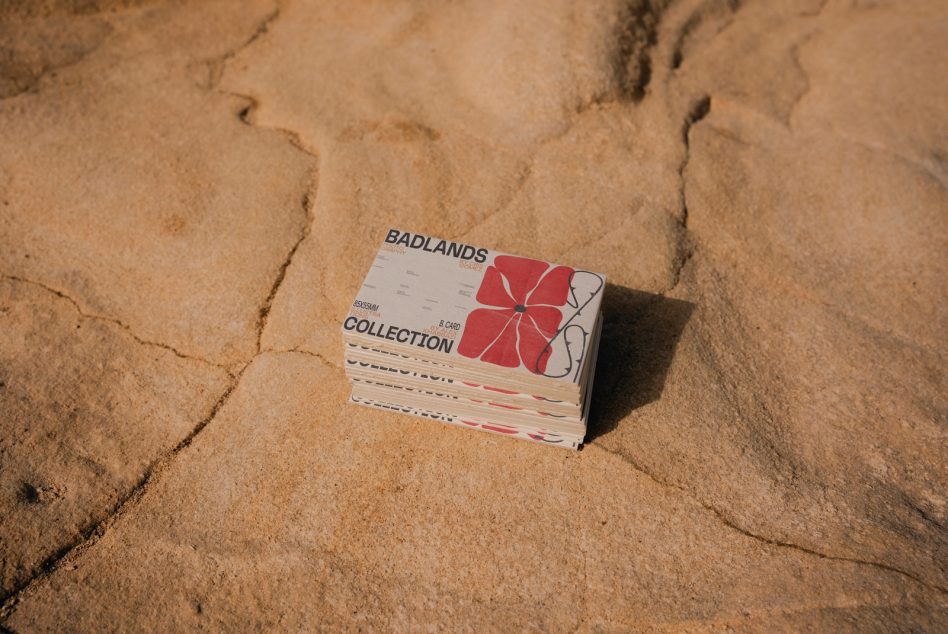 Stacked Badlands Collection business cards on cracked earth ground