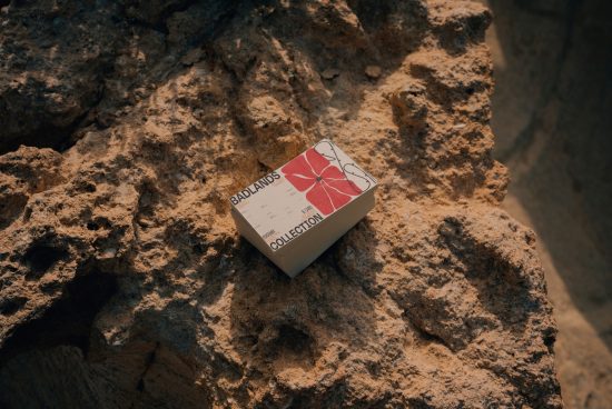Alt: Packaged product mockup on textured rock, natural lighting, showcasing package design, ideal for presenting branding in a unique outdoor setting.