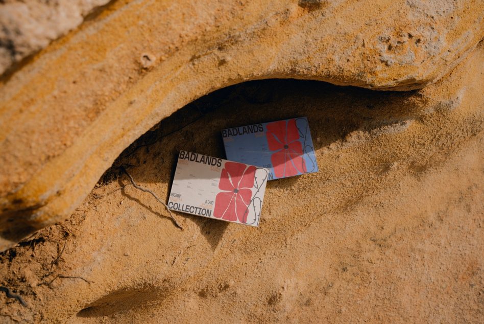 Stacked business cards with red floral design in rocky stone cavity