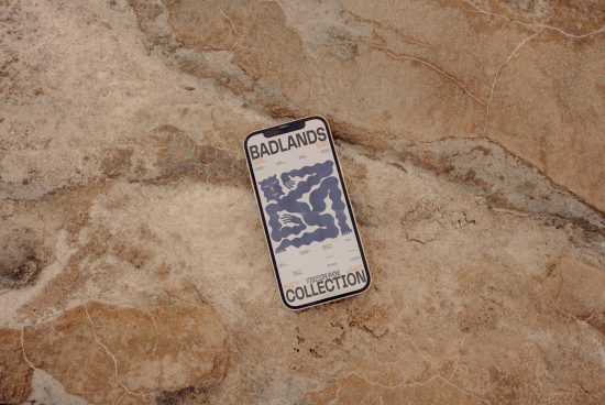 Smartphone screen mockup with Badlands illustration on rocky surface for natural look design presentation, ideal for graphics and templates.