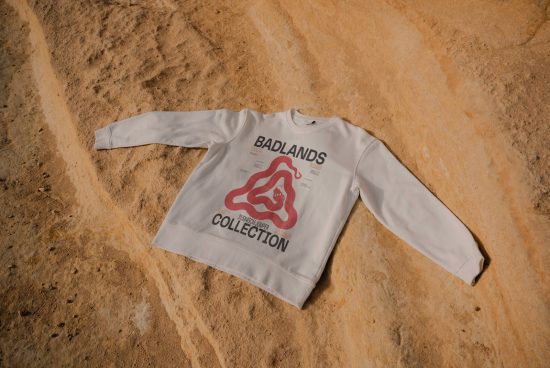 Long sleeve white t-shirt with Badlands graphic design mockup on sandy texture, perfect for apparel presentation and design showcase.
