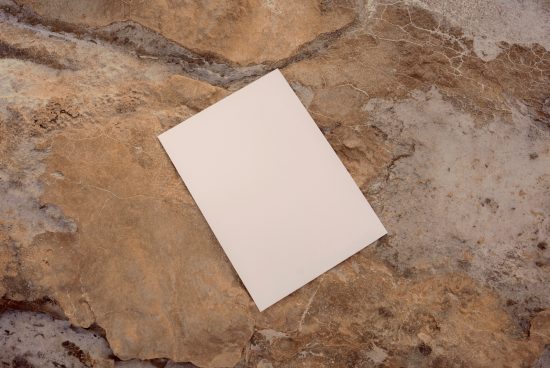 Blank A4 paper mockup on a textured brown rock surface for presentation of designs, suitable for graphics and print templates.