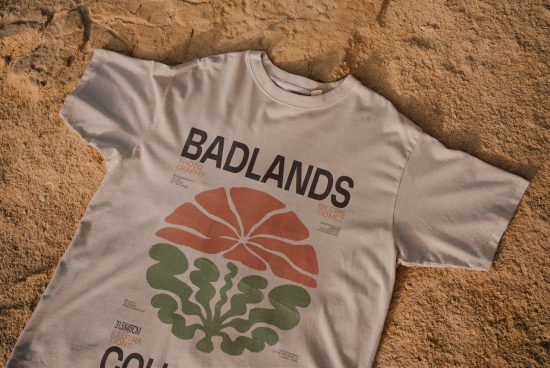 Beige t-shirt mockup with Badlands graphic design, laid out on sandy texture, ideal for showcasing apparel designs and prints for designers.