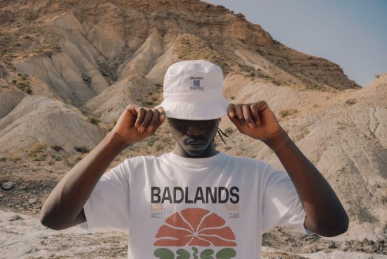 Person in white t-shirt and bucket hat with Badlands graphic design in a desert landscape, ideal for mockup template for apparel design.