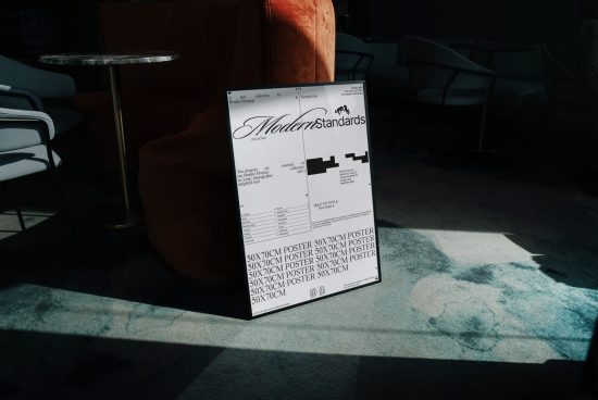 Modern poster mockup displayed in stylish interior scene with natural light and shadows for designers' presentations.