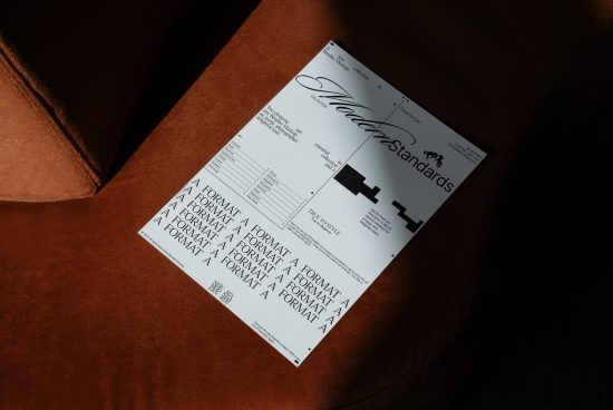 Designer font specimen sheet on brown velvet chair showcasing typography and layout for branding and creative projects.
