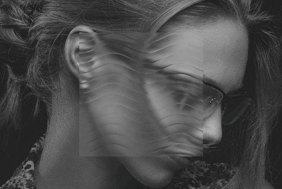 Woman with glasses, abstract distortion effect, black and white photo for graphics category, digital asset for creative design.