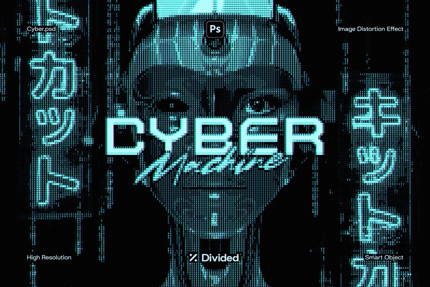 Cyberpunk themed Photoshop template with digital glitch effect on portrait, high-resolution graphic asset for designers in Templates category.