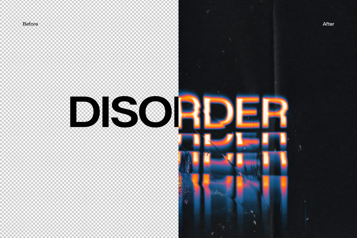 Before and after example of text effect, 'DISORDER' graphic with glitch and distortion, perfect for modern font design inspiration.