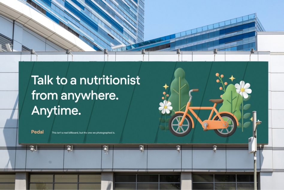 Green billboard with orange bike, white flowers, greenery, nutrition service ad